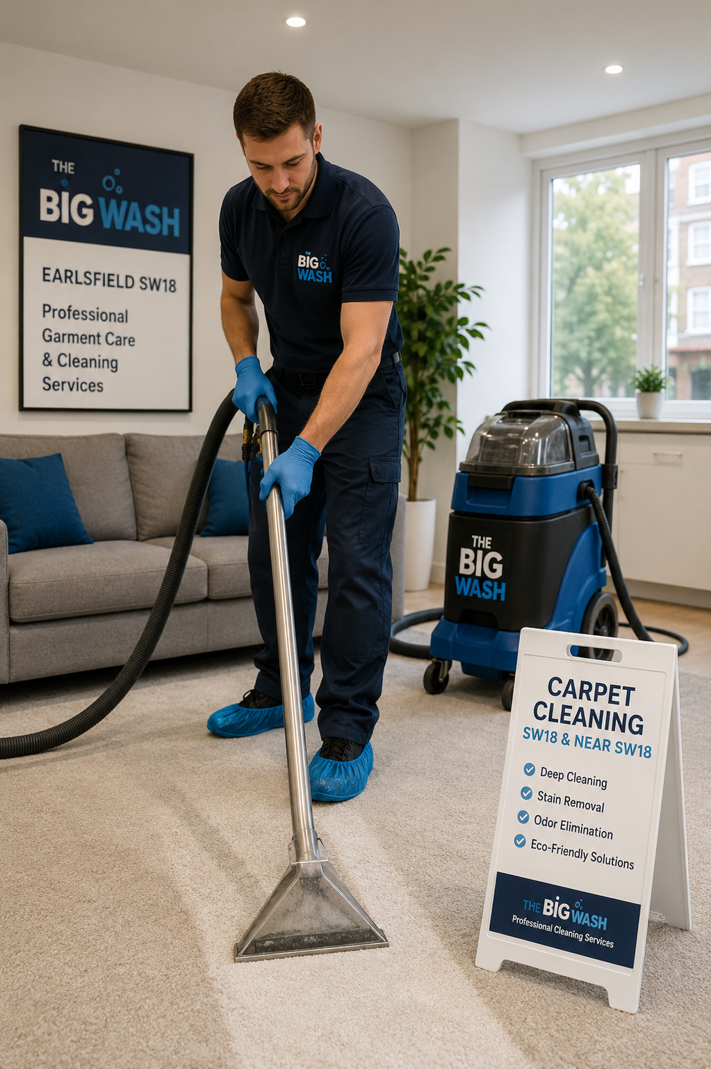 Professional garment care at The Big Wash Earlsfield SW18, showing expert handling of freshly cleaned clothing in a modern laundry facility.